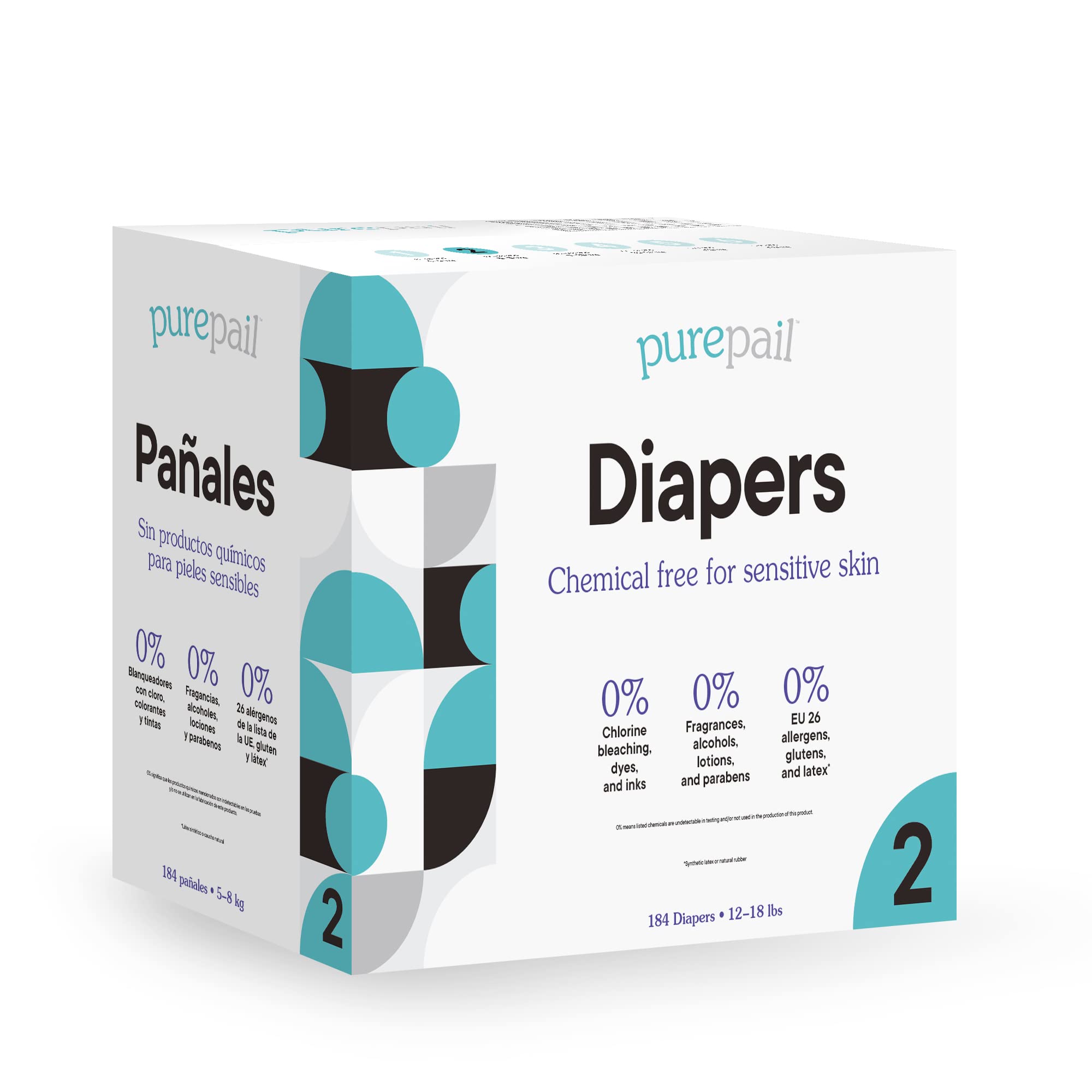 PurePail Disposable Diapers — Size 2 — 12-18 lbs — Chemical Free for Sensitive Skin — Unscented — Just Pure Fit — 184 Count