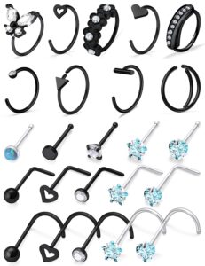 tkzndnm 20g 20 gauge black nose rings studs hoops piercings para la nariz jewelry for women hypoallergenic surgical stainless silver steel straight pin corkscrew screw l shaped shape bars