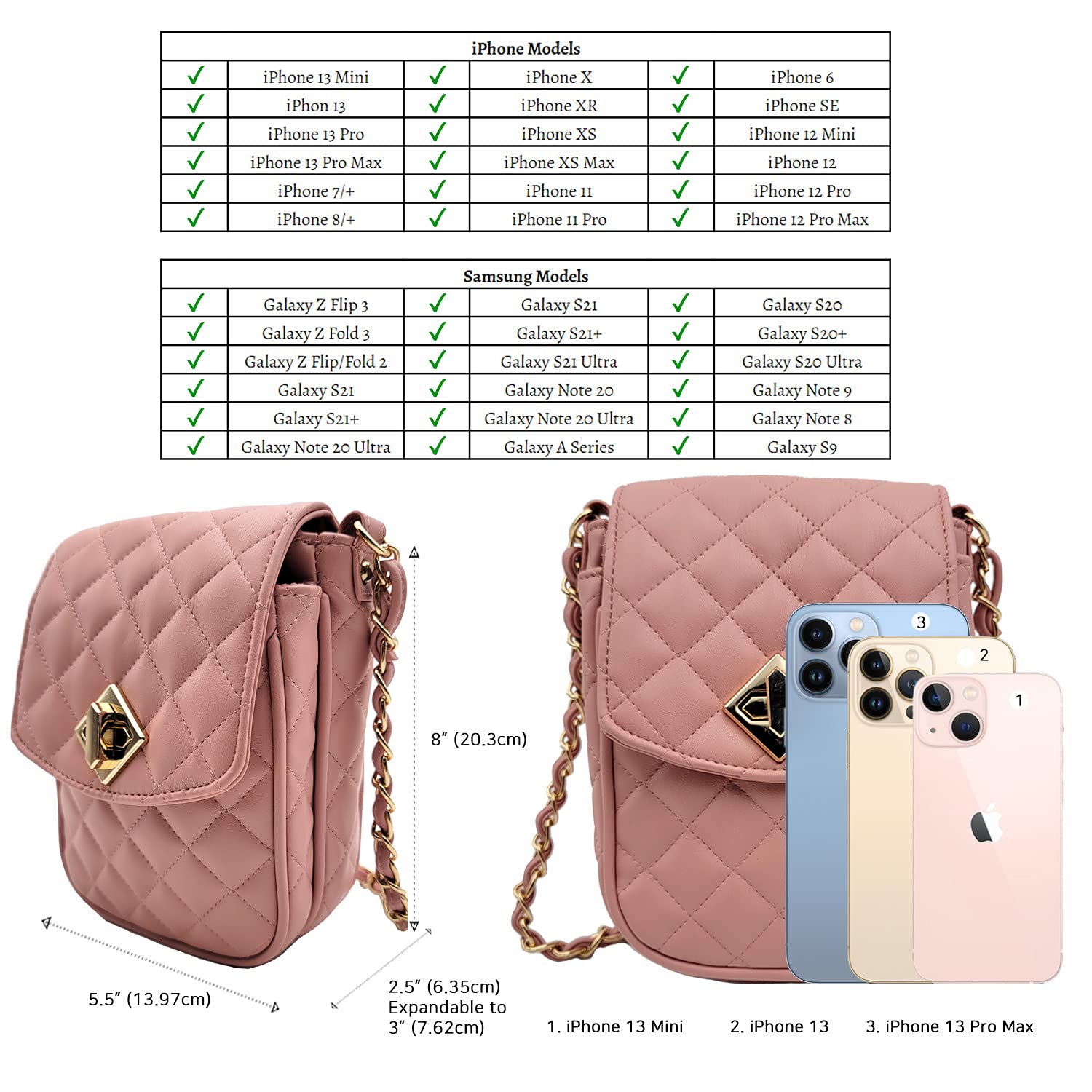 Bhumane Small Crossbody Phone Leather Bag for Women Mini Shoulder Wallet Card Purse Quilted (B - Pink & Gold)