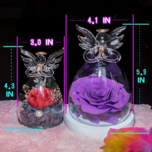 roliys Preserved Real Flower Rose in a Glass Angel Statue Cover，Immortality Rose， a Gift for Mother’s Day Christmas Valentine’s Day Anniversary Girlfriend Birthday Women (Purple)