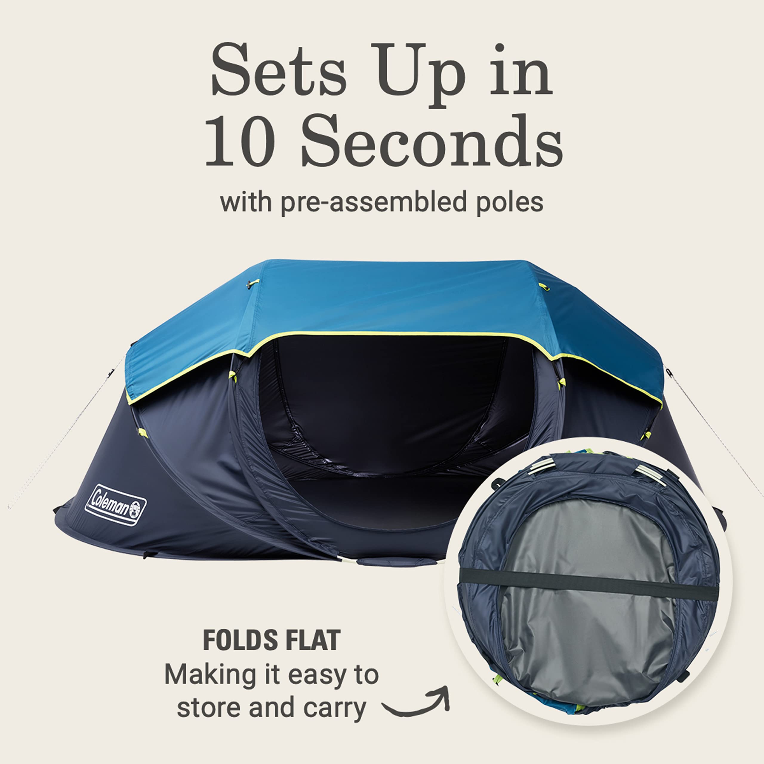 Coleman Pop-Up Camping Tent with Dark Room Technology, 2/4 Person Tent Sets Up in 10 Seconds & Blocks 90% of Sunlight, Includes Pre-Assembled Poles, Adjustable Rainfly, & Taped Floor Seams