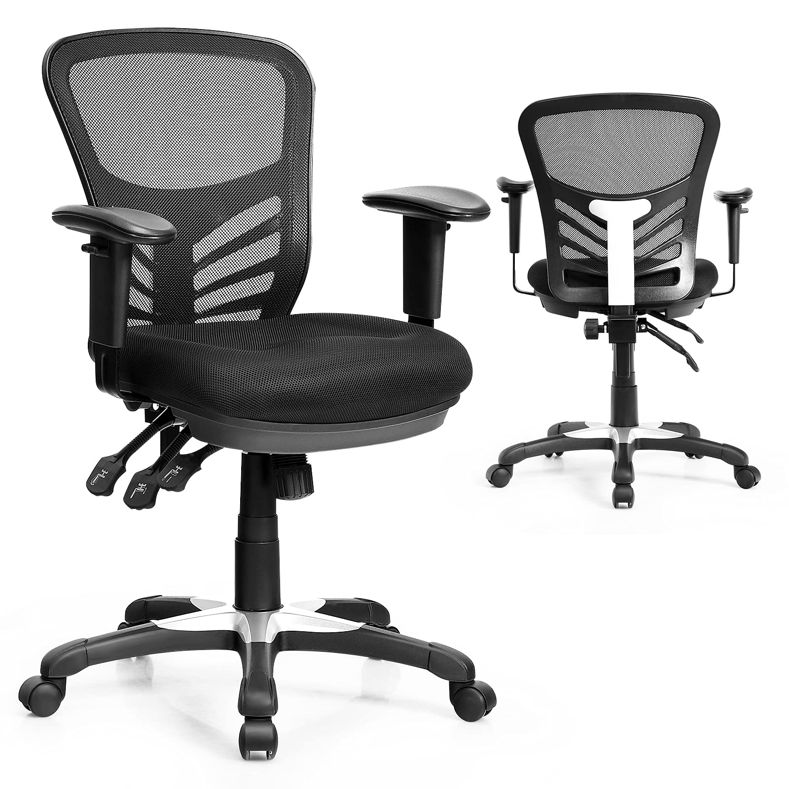 COSTWAY Mesh Office Chair, Mid Back Swivel Executive Task Chair with Height-Adjustable Armrests, Lumbar Support and Rocking Backrest, Ergonomic Breathable Computer Desk Chair for Home Office (Black)