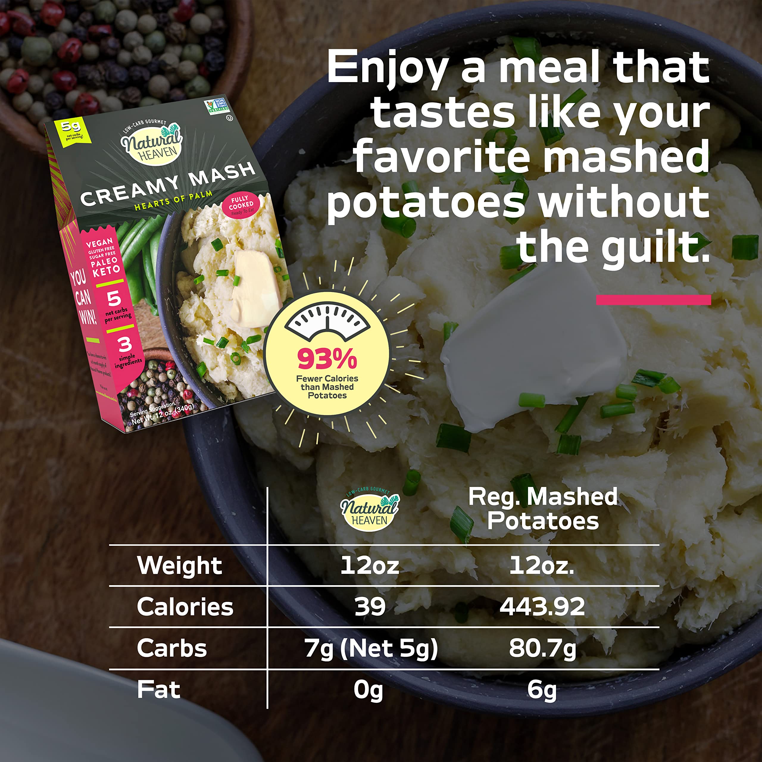 Natural Heaven Hearts of Palm Creamy Mash | Mashed Potato Alternative | Low Carb - 5g of Net Carbs | Gluten & Sugar Free | Keto Food | Paleo | Vegan | Vacuum Packed (12 Ounce – 1 Count)