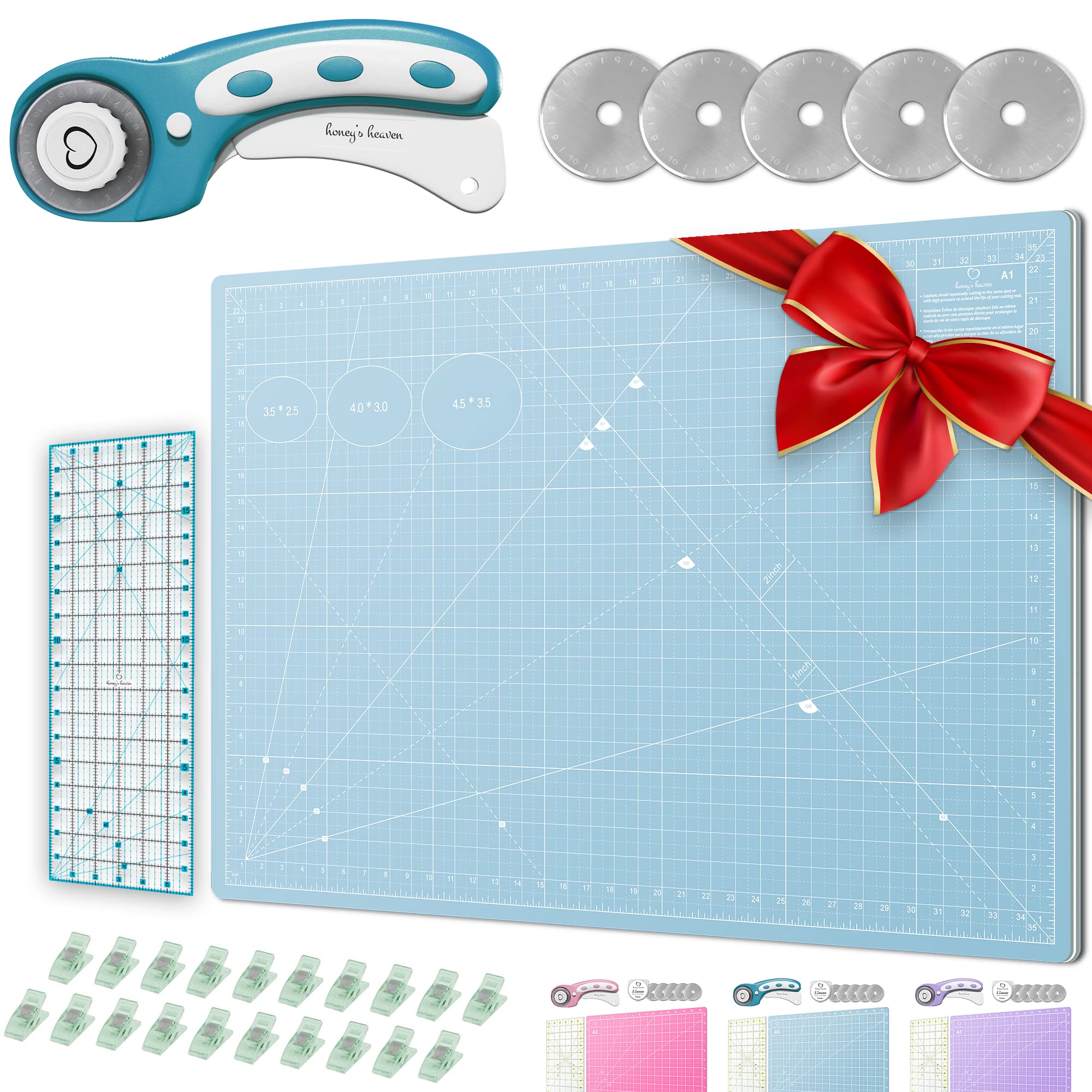 Rotary Cutter Set - Quilting Kit incl. 45mm Fabric Cutter, 5 Replacement Blades - Ideal for Crafting, Sewing, Patchworking, Crochet & Knitting (Turquoise, Cutting Mat Set (36" x 24"))