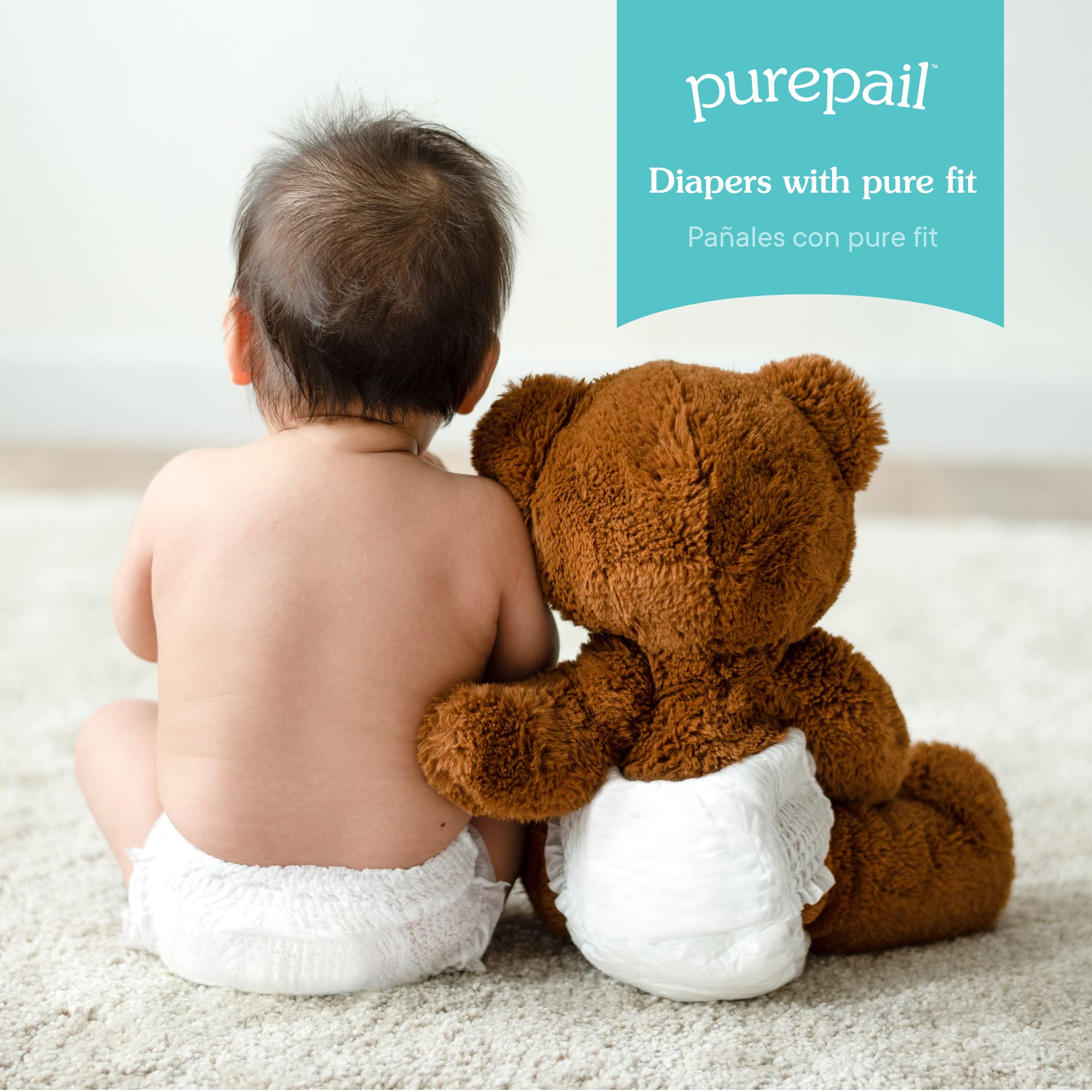 PurePail Disposable Diapers — Size 2 — 12-18 lbs — Chemical Free for Sensitive Skin — Unscented — Just Pure Fit — 184 Count