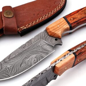 Damascus Knives for Hunting Skinning - Fixed Blade Hunting Knife with Sheath - Damascus Steel Knife with Wood Handle - 9 Inches Handmade Skinner Camping Knife.