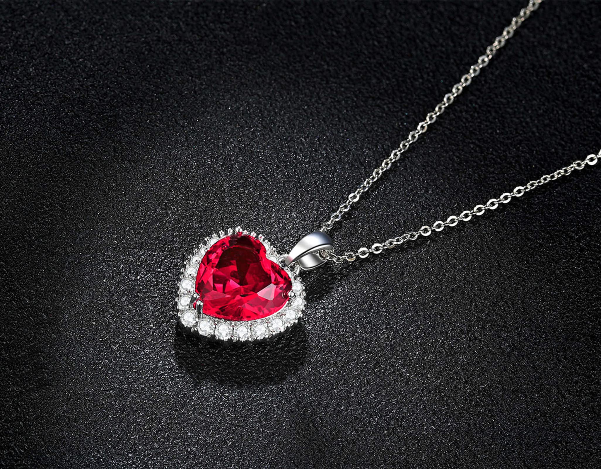 VONSSY Red Heart Pendant Necklace | Oval Bow Waterdrop Created-Ruby Pendant Necklace | Statement Vintage Stylish Jewelry Gift (Heart A-Platinum)