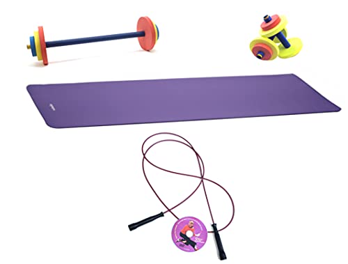 Fun & Fitness for Kids® Complete Fitness Set, Dumbbells, Barbell Set, Foam Yoga Mat, Adjustable Jump Rope, Jump Rope Trainer Video