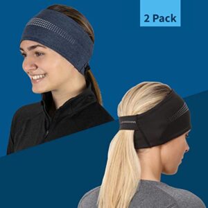 TrailHeads Womens Ponytail Headband - Reflective, Moisture Wicking Hair Headband for Running, Winter - Adrenaline Series - Black/Heather Navy Reflective - 2 Pack