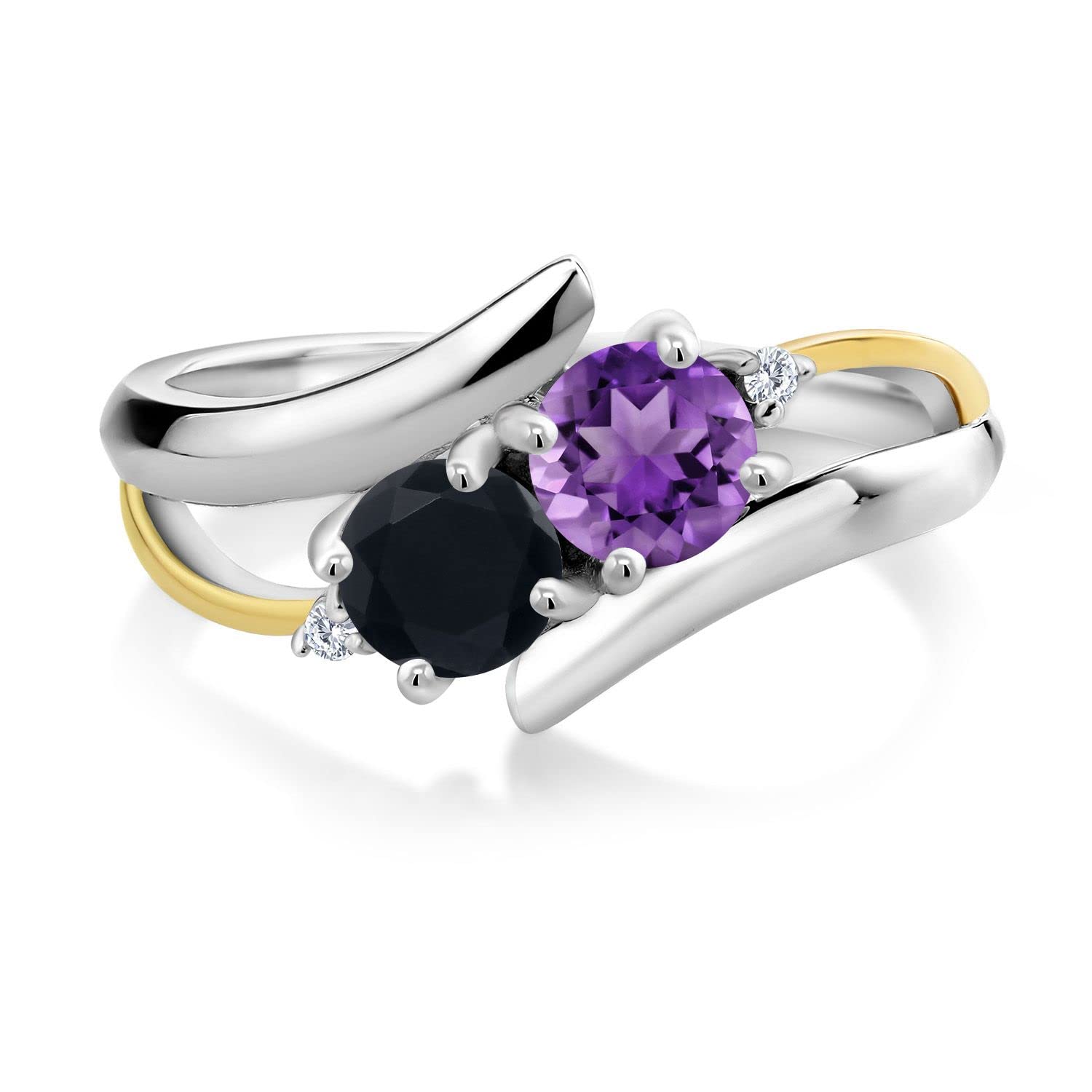 Gem Stone King 925 Sterling Silver and 10K Yellow Gold Purple Amethyst and Black Onyx Ring For Women (0.97 Cttw, Round 5MM, Gemstone Birthstone, Available In Size 5, 6, 7, 8, 9)