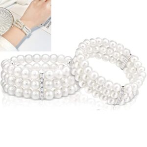 Asphire Vintage Pearl Bracelet 2pcs 3-Row Pearl Stretch Bracelet Multi-Layered Elastic Bangle Bridal Wedding Jewelry 1920s Flapper Costume Accessories for Women