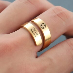 Personalized AA NA Sobriety Gift for Women Men Stainless Steel 18K Gold Plated Sober Recovery Cuff Ring Alcoholics Anonymous Addiction Surgery Recovering Anniversary Jewelry,One Day At A Time