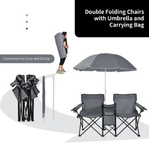 Goplus Double Camping Chair with Umbrella, Folding Loveseat Chairs w/Canopy Shade, Carrying Bag, Table, Cup Holder, Portable Beach Chairs Outdoor Picnic Patio (Grey)