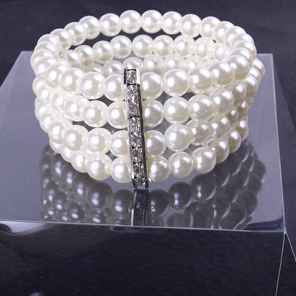 Asphire Vintage Faux Pearl Bracelet 4-Row Pearl Stretch Bracelet Multi-Layered Pearl Elastic Bangle Bridal Wedding Jewelry 1920s Flapper Costume Accessories for Women