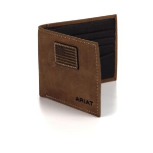 ARIAT Men's Genuine Leather Bifold Wallet, USA Flag Patch, Medium Brown, 3-1/2" x 4-1/4"