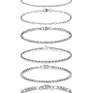 Honsny 6PCS Stainless Steel Bracelets for Women Men,14K Gold Plated Cuban Link Paperclip Chain Bracelet Dainty 6.3/7/7.8/9.5 Inch Stainless Steel Bracelet Set Fashion Jewelry