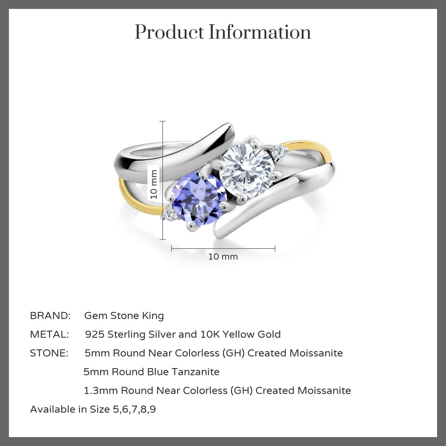 Gem Stone King 925 Silver and 10K Yellow Gold White Moissanite and Blue Tanzanite and White Moissanite 2-Stone Crossover Ring For Women (0.98 Cttw, Size 8)