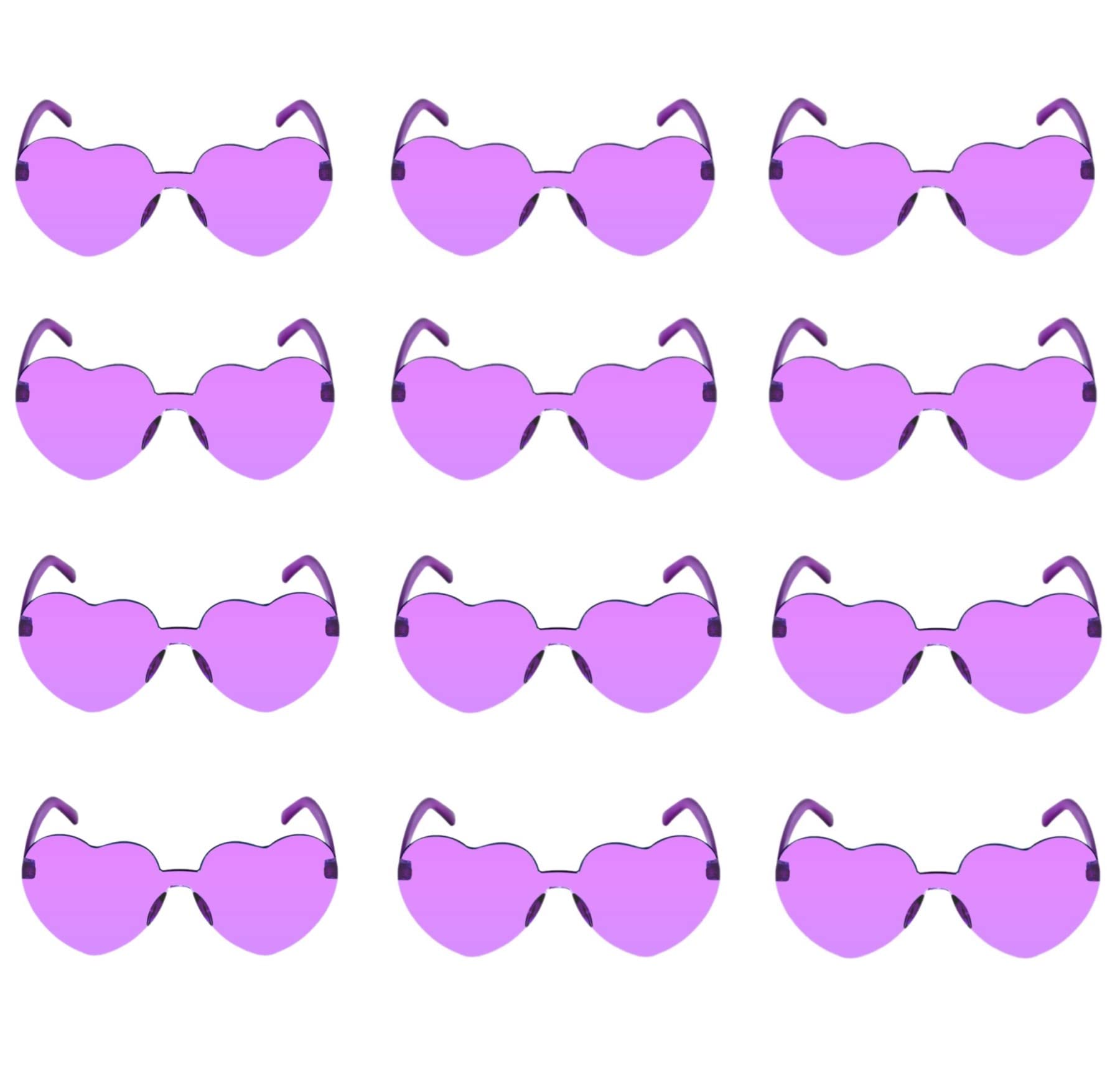 JFTOWN 12 Pairs Heart Shape Rimless Valentines Sunglasses Candy Color Frameless One Piece Love Glasses for Women Party Favor (Purple)