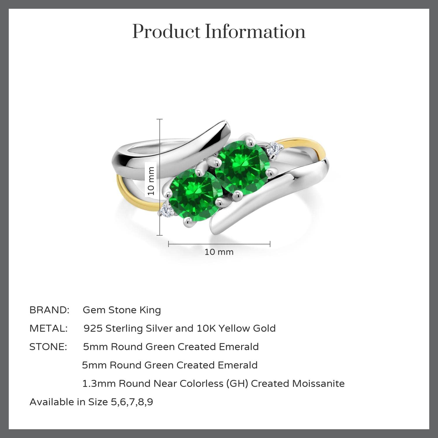 Gem Stone King 925 Sterling Silver and 10K Yellow Gold Green Created Emerald Women Ring (1.70 Cttw, Round 5MM, Available In Size 5, 6, 7, 8, 9)