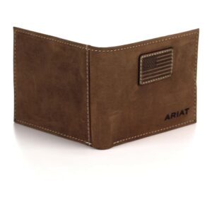 ARIAT Men's Genuine Leather Bifold Wallet, USA Flag Patch, Medium Brown, 3-1/2" x 4-1/4"