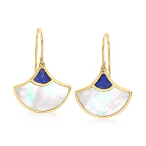 ross-simons mother-of-pearl and lapis fan drop earrings in 18kt gold over sterling