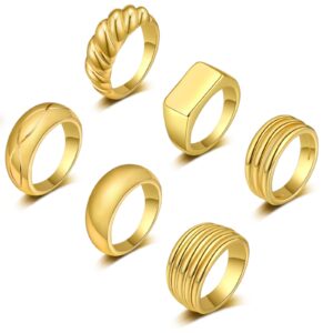 WFYOU 6PCS 18K Gold Plated Thick Dome Chunky Rings for Women Braided Twisted Signet Chunky Gold Ring Set Minimalist Statement Ring Jewelry Size 5-10