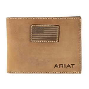 ariat men's genuine leather bifold wallet, usa flag patch, medium brown, 3-1/2" x 4-1/4"