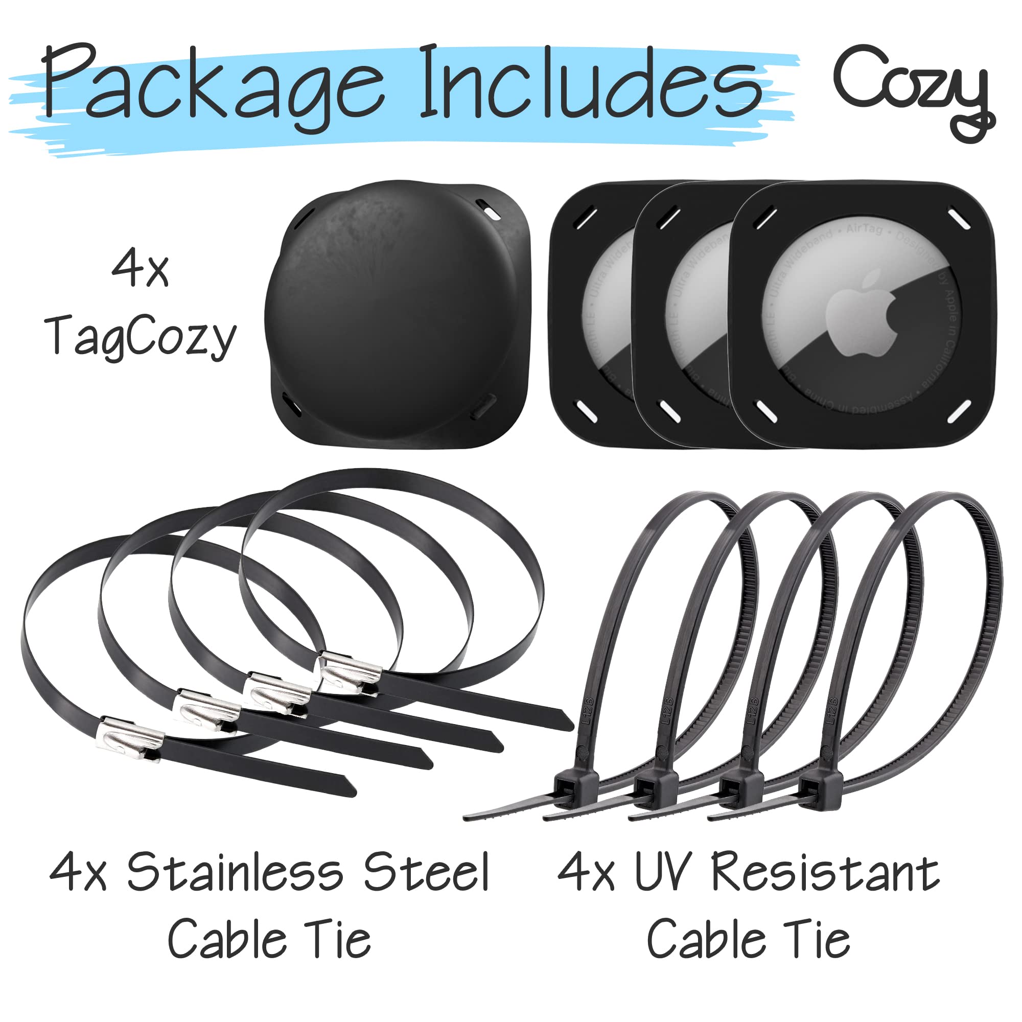 TagCozy 4 Pack Silicone Air Tag Holder with Steel Ties - Tether Airtag Cover Compatible for AirTag 2021 - Waterproof Airtag Holder Good for Bike Packing - Tracking Device Case - Airtag Accessories