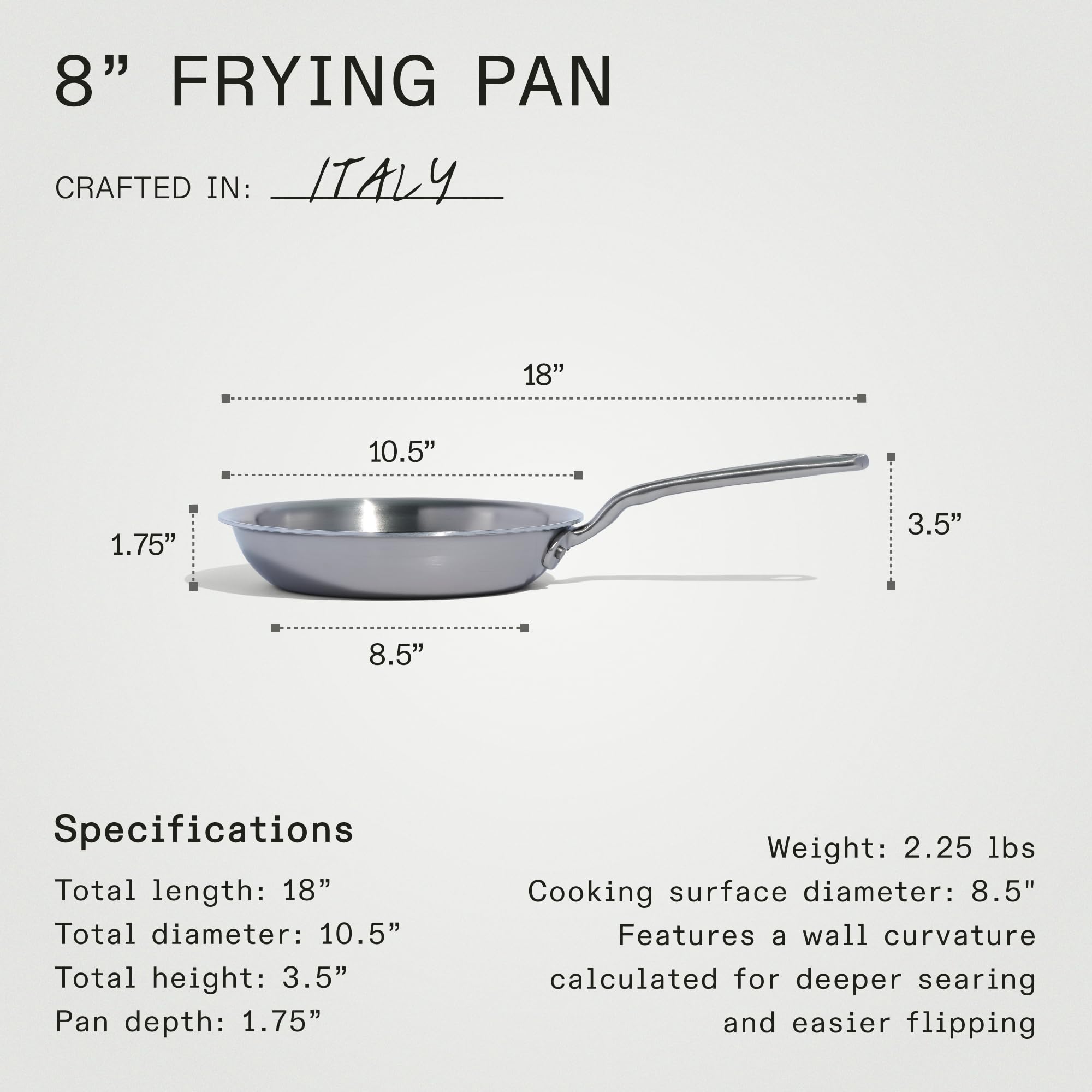 Made In Cookware - 8-Inch Stainless Steel Frying Pan - 5 Ply Stainless Clad - Professional Cookware - Crafted in Italy - Induction Compatible