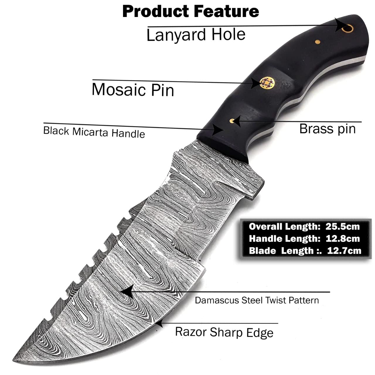 Handmade Tracker Knife Damascus Knife for Hunting Camping - 10 Inch Damascus Steel Hunting Tracker Knife with Horizontal Carry Sheath - Fixed Blade Survival tactical full tang Bushcraft Knife (Black Micarta)