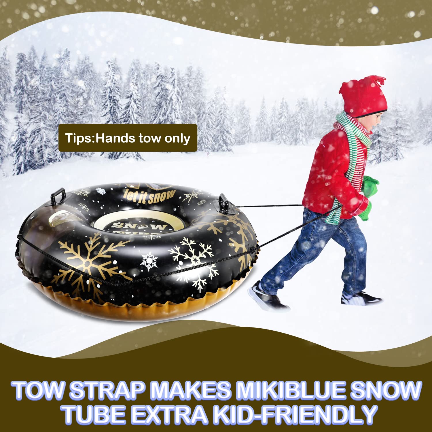 Mikiblue Snow Tube for Sledding Heavy Duty, Super 47'' Inflatable Sleds with Handles, Winter Outdoor Activities for Kids and Adults, Black