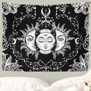 Ftuency Sun and Moon Tapestry Black and White Tapestries Mystic Burning Sun with Star Wall Hanging decor for Bedroom(94.5" W x 70.9" L)