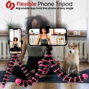 TALK WORKS Flexible Tripod for iPhone, Android, Camera - Bendable Legs, Adjustable Stand Holder with Mini Wireless Remote for Selfies, Vlogging, Beauty/Makeup, Live Streaming/Recording - Pink