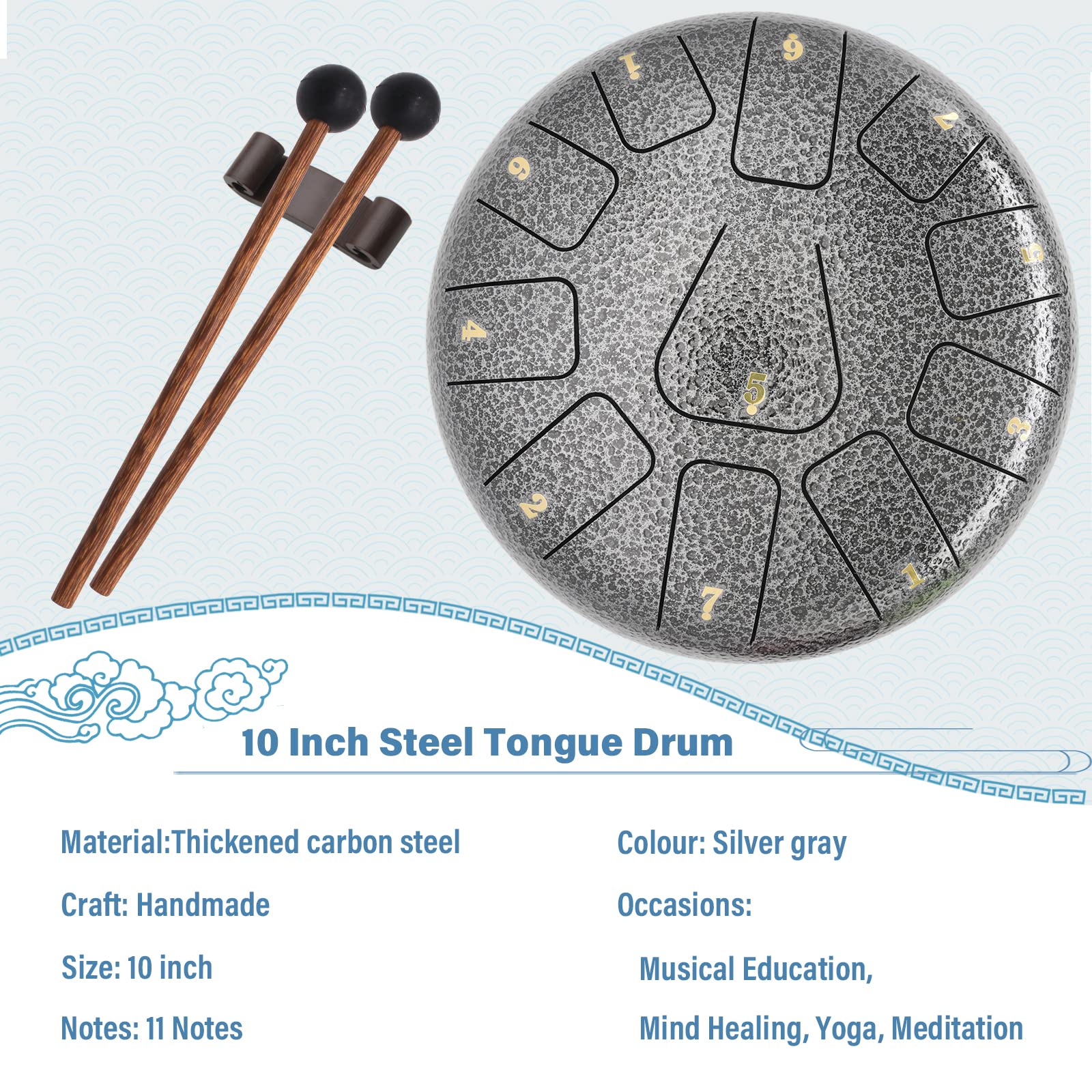 Steel Tongue Drum, 11 Notes 10 Inch Tank drum percussion instrument, C Key Handpan Drum for Kids and Adults, Musical Education Mind Healing Yoga Meditation (silver white Worry Free Drum)