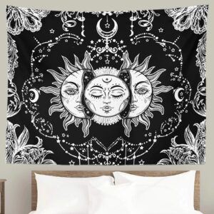 Ftuency Sun and Moon Tapestry Black and White Tapestries Mystic Burning Sun with Star Wall Hanging decor for Bedroom(94.5" W x 70.9" L)