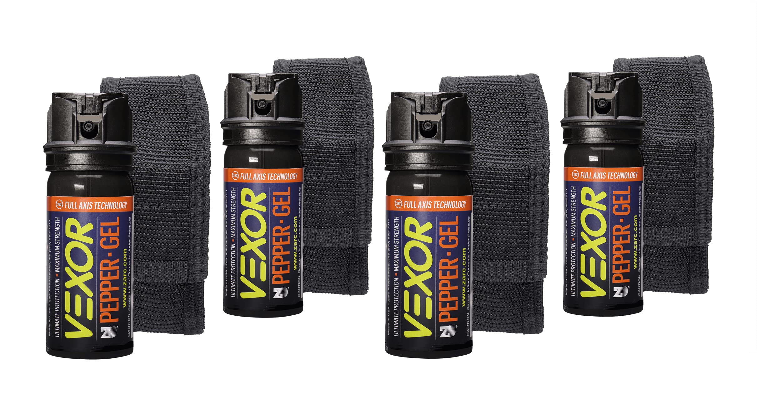 VEXOR® Pepper Gel from Zarc™, Maximum Strength Police Pepper Spray, Gel Is The future, Full Axis (360°) Technology Shoots from Any Angle 18-feet, Flip-top Safety and Belt Holster Included (4 Pack)