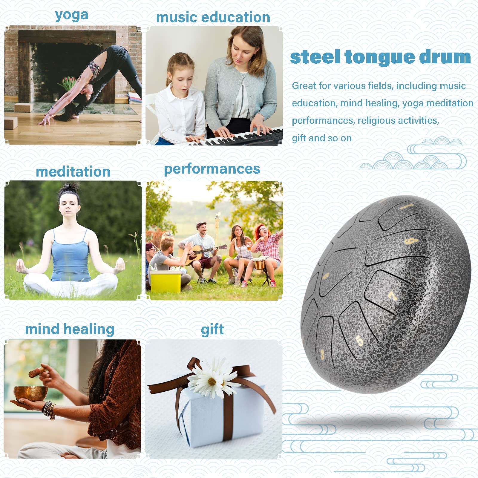 Steel Tongue Drum, 11 Notes 10 Inch Tank drum percussion instrument, C Key Handpan Drum for Kids and Adults, Musical Education Mind Healing Yoga Meditation (silver white Worry Free Drum)