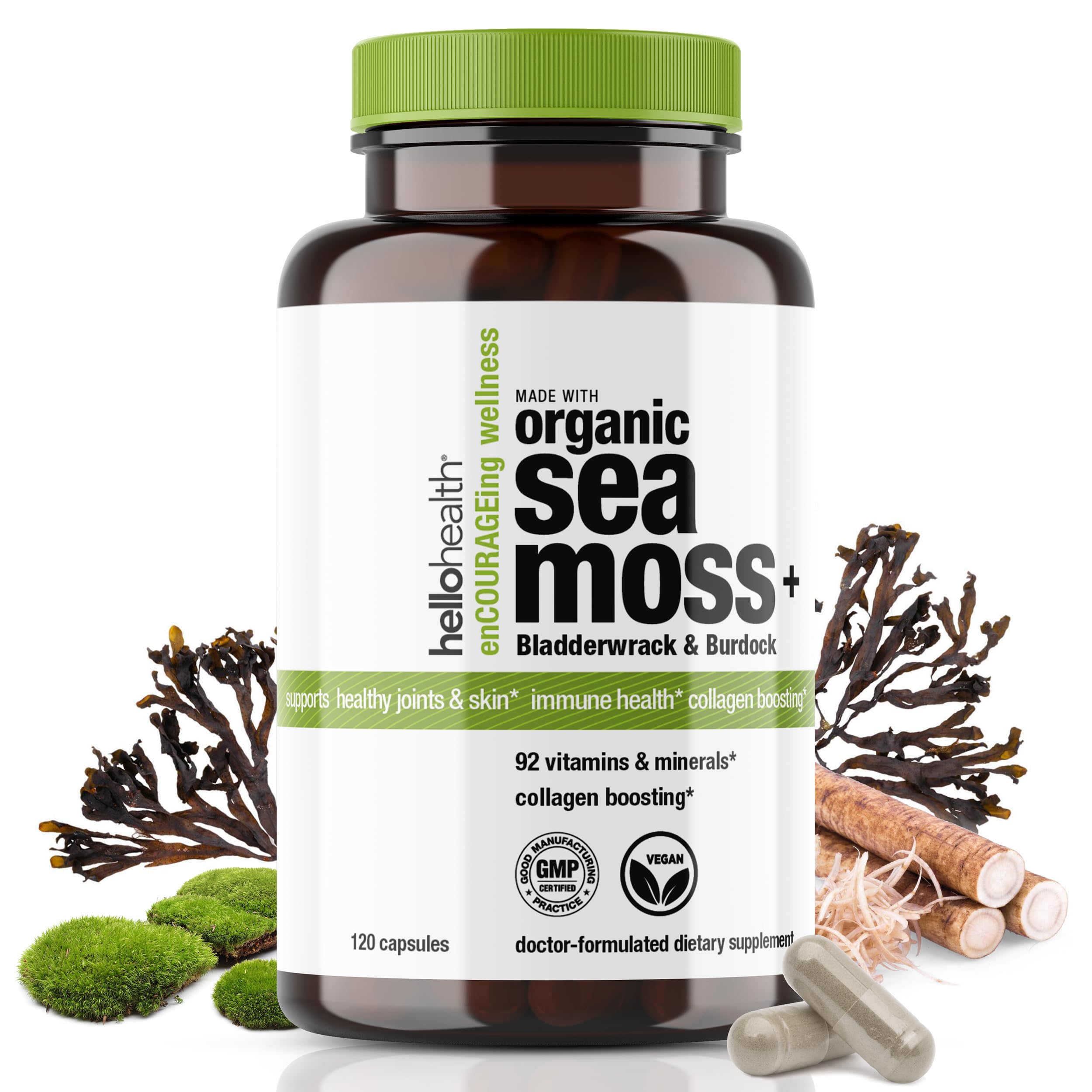 Organic Irish Sea Moss Capsules: Wildcrafted Sea Moss, Burdock Root & Bladderwrack Prebiotic Super Food for Immune Support, Thyroid Support, Natural Energy, Gut Health, Skin & Joint Health -120 Caps