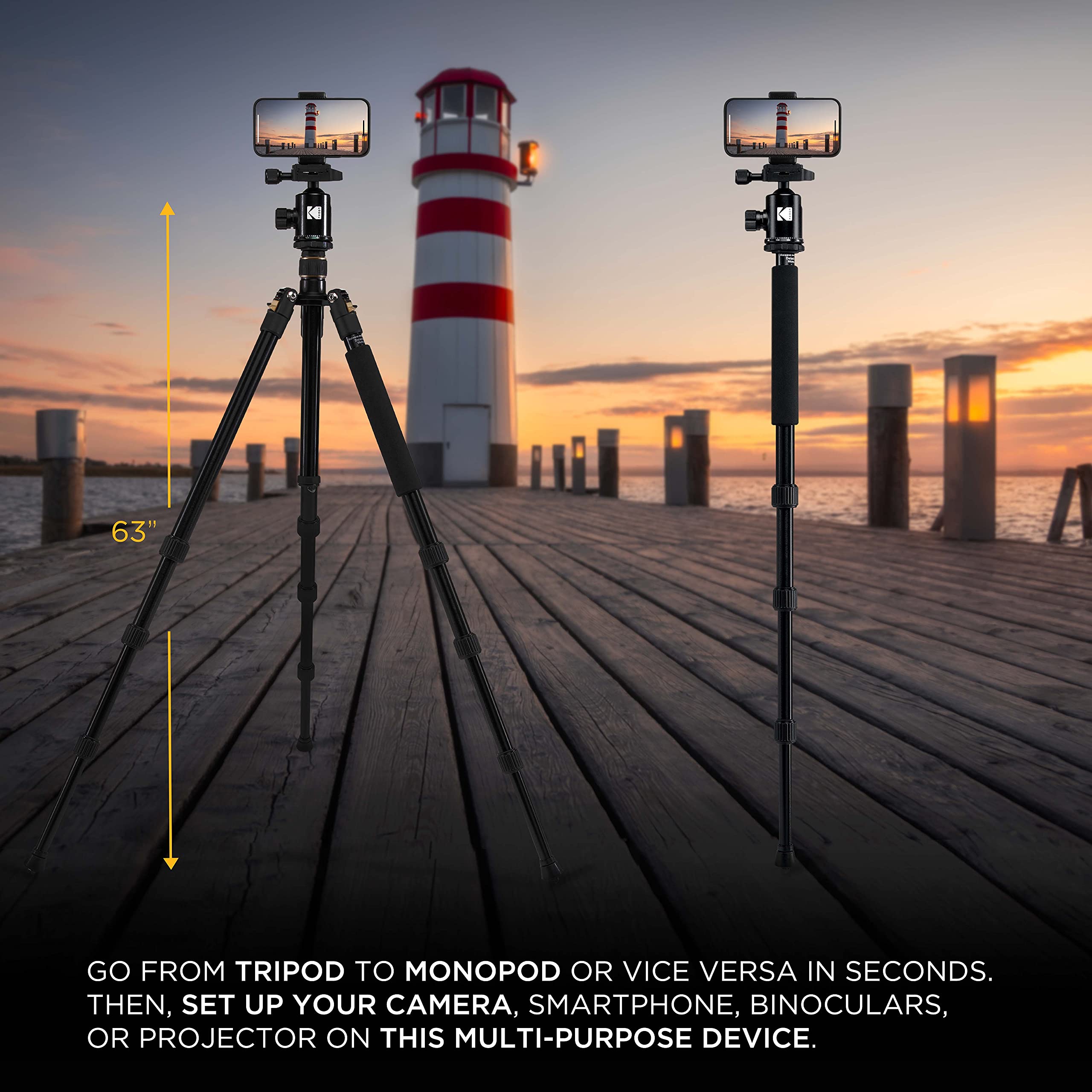 KODAK Photo Gear 63” Tripod & Monopod with 360° Ball Head | Premium Professional 2-in-1 Aluminum Camera Stand with Bluetooth Remote Control & Smartphone Adapter | Compact & Portable for Work & Travel