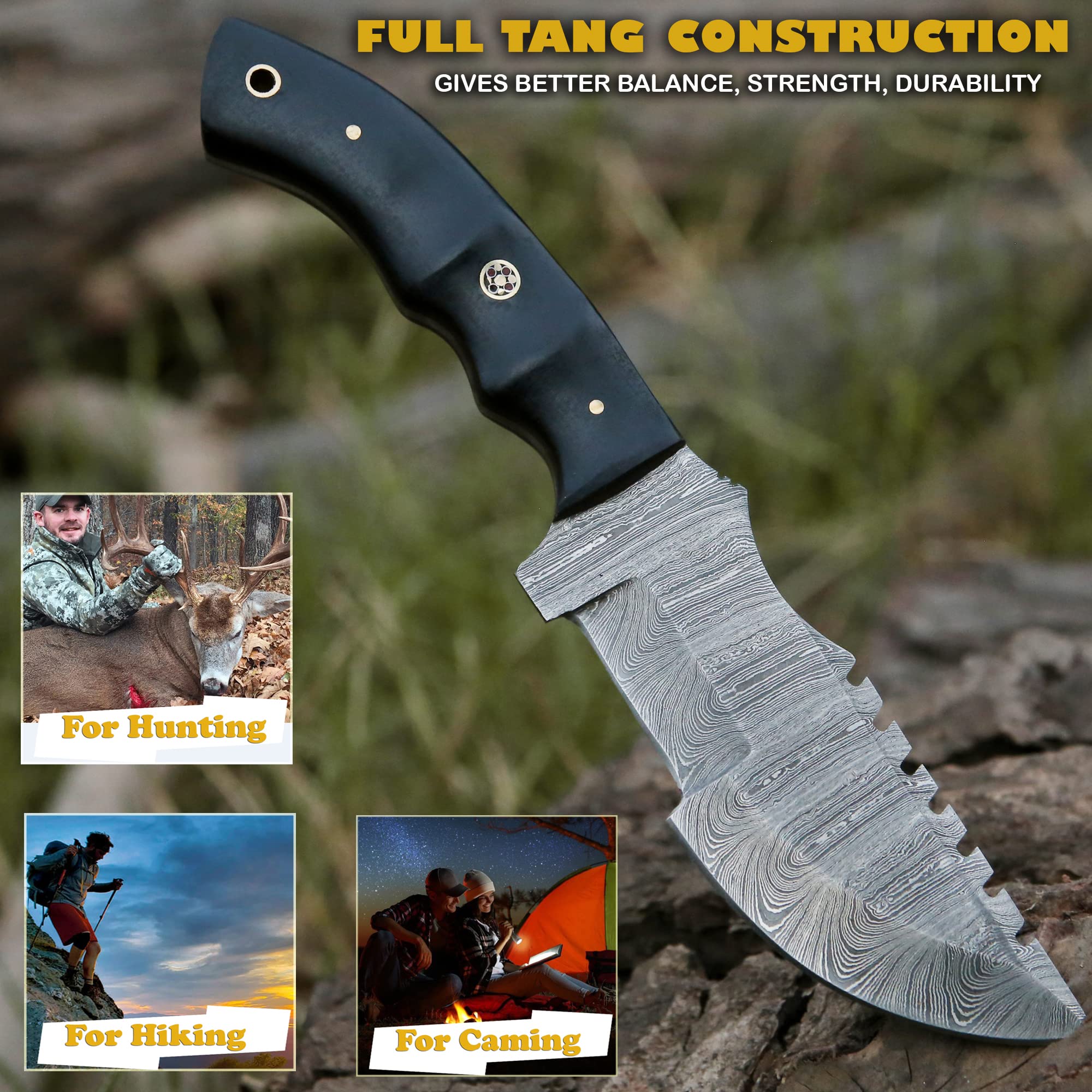 Handmade Tracker Knife Damascus Knife for Hunting Camping - 10 Inch Damascus Steel Hunting Tracker Knife with Horizontal Carry Sheath - Fixed Blade Survival tactical full tang Bushcraft Knife (Black Micarta)