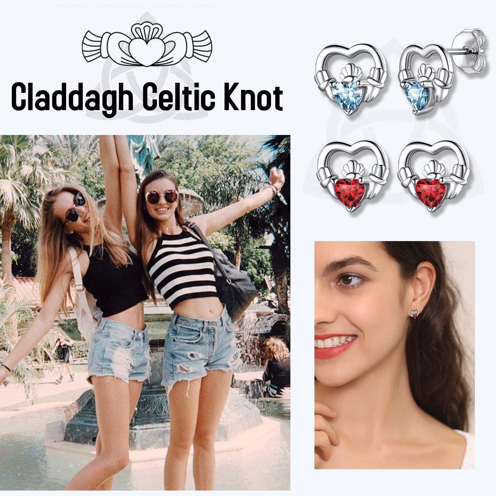 Hypoallergenic 925 Sterling Silver Claddagh Celtic Knot May Birthstone Green Earrings, Birth Stone Jewelry Dainty Cute Stud Heart Shaped Hoop Earrings for Women