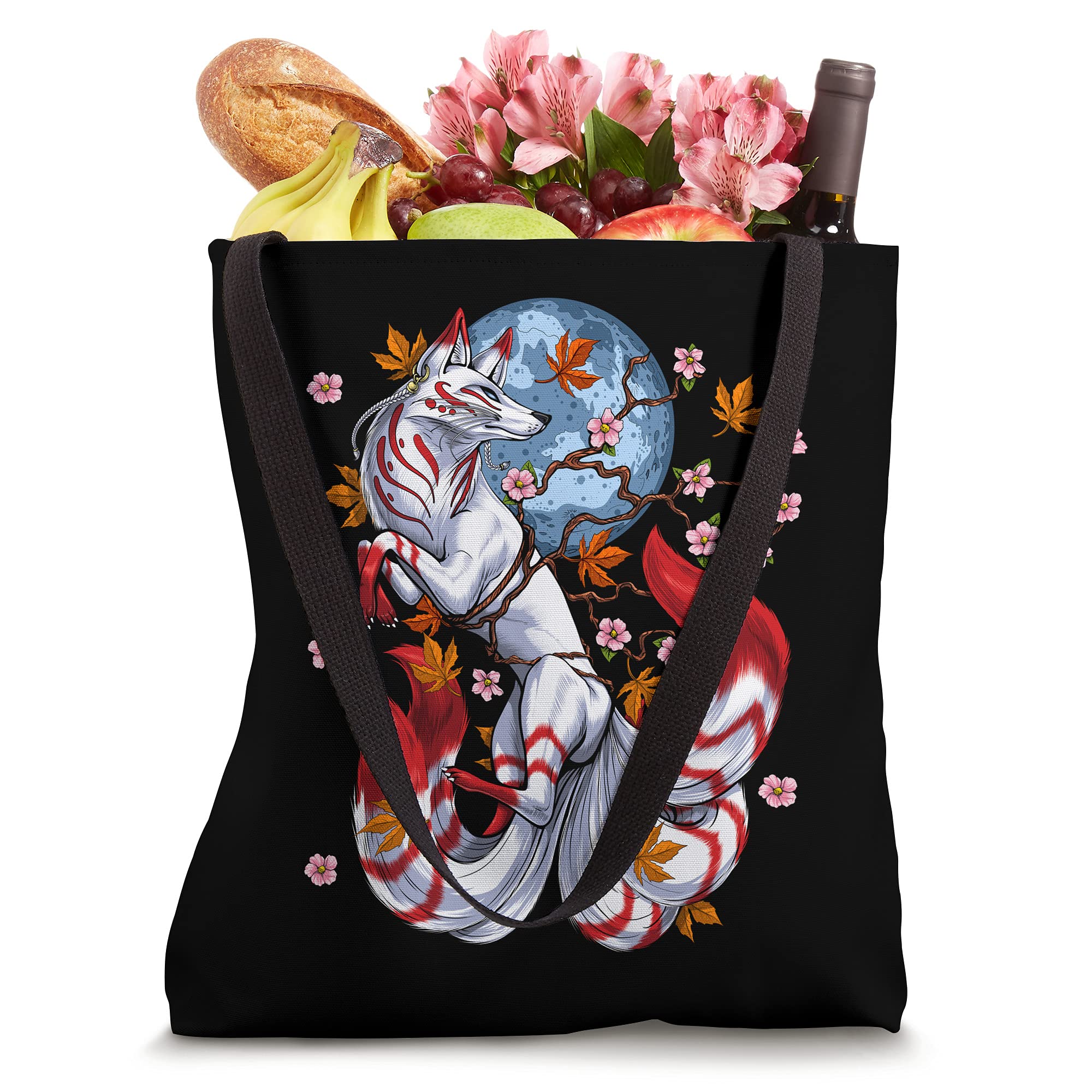 Kitsune Fox Japanese Nine Tailed Fox Cherry Blossom Flowers Tote Bag