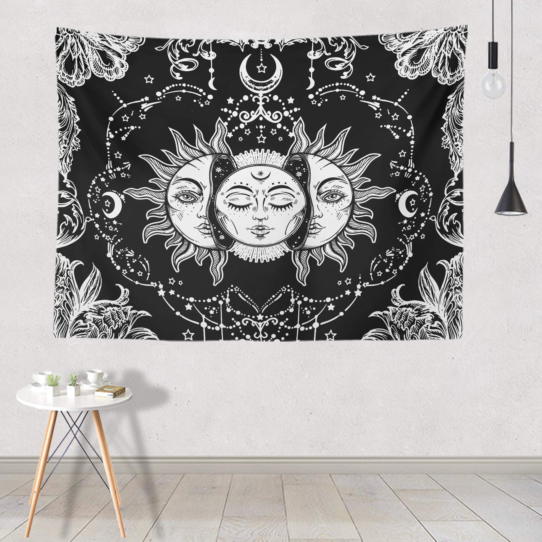 Ftuency Sun and Moon Tapestry Black and White Tapestries Mystic Burning Sun with Star Wall Hanging decor for Bedroom(94.5" W x 70.9" L)