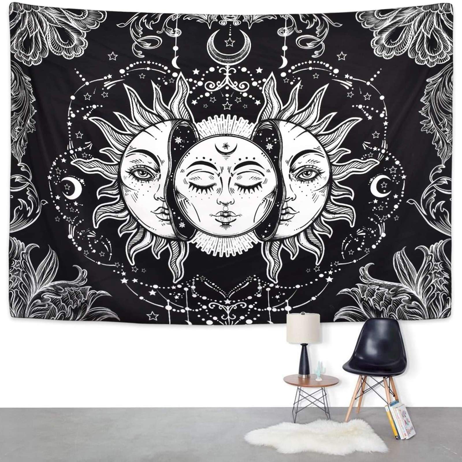 Ftuency Sun and Moon Tapestry Black and White Tapestries Mystic Burning Sun with Star Wall Hanging decor for Bedroom(94.5" W x 70.9" L)