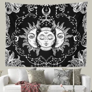 Ftuency Sun and Moon Tapestry Black and White Tapestries Mystic Burning Sun with Star Wall Hanging decor for Bedroom(94.5" W x 70.9" L)