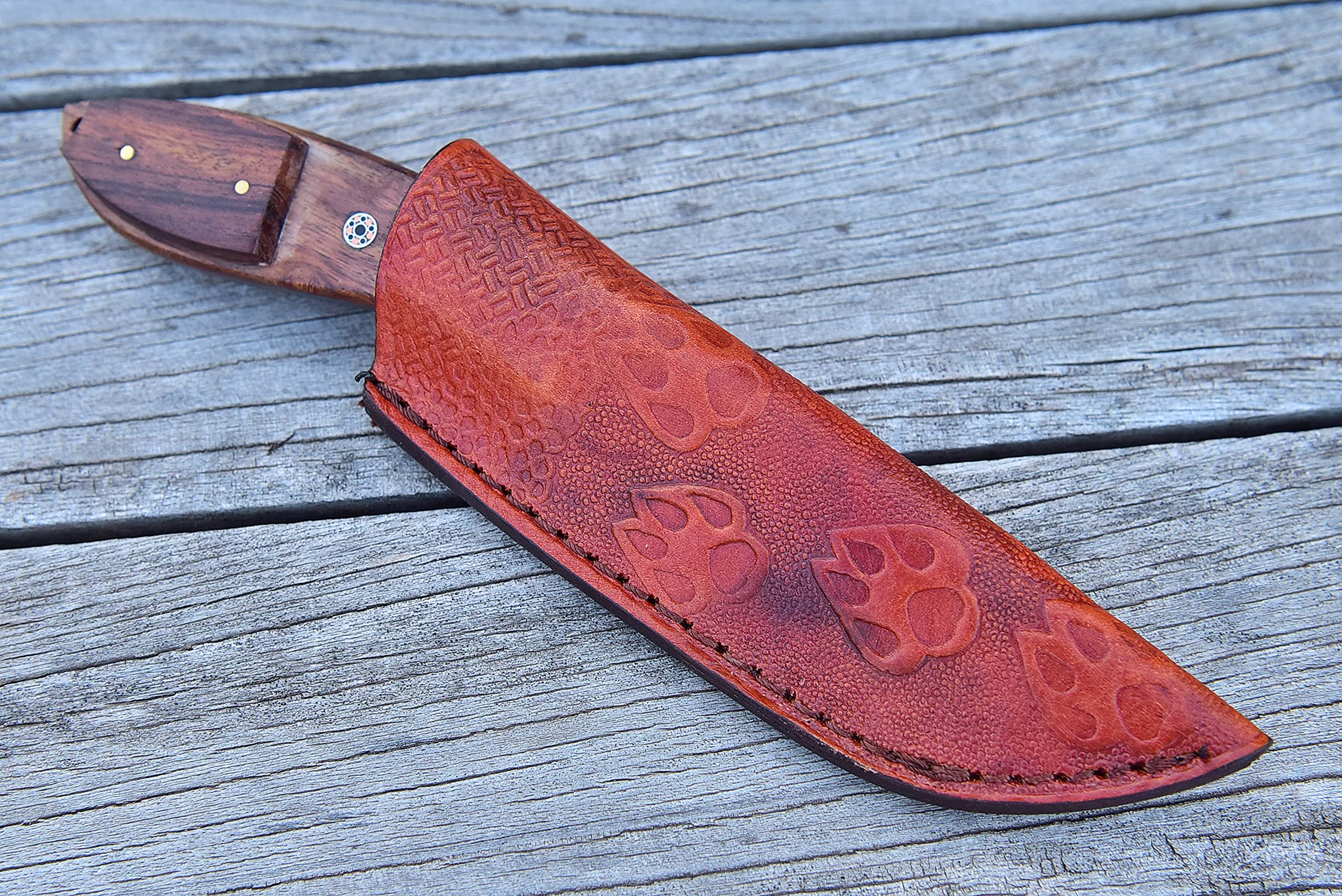 Damascus Hunting Knife - Handmade Knife, Hand Forged Fixed Blade Knife, Camping Knife & Hunting Knives - Gift Knives & Bowi Knives with Rose Wood Handle - Leather Knife Sheath