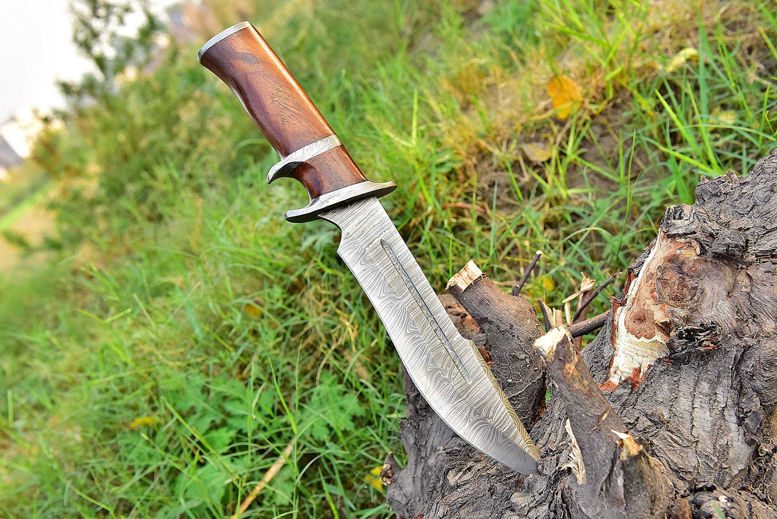 Damascus Hunting Knife, Handmade Full Tang Knife - Wood Handle Knife, Hand Forged Fixed Blade Knife & Bowi Knife - Camping Knives & Hiking Knives, Rose Wood Handle - Leather Knife Sheath