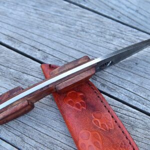 Damascus Hunting Knife - Handmade Knife, Hand Forged Fixed Blade Knife, Camping Knife & Hunting Knives - Gift Knives & Bowi Knives with Rose Wood Handle - Leather Knife Sheath