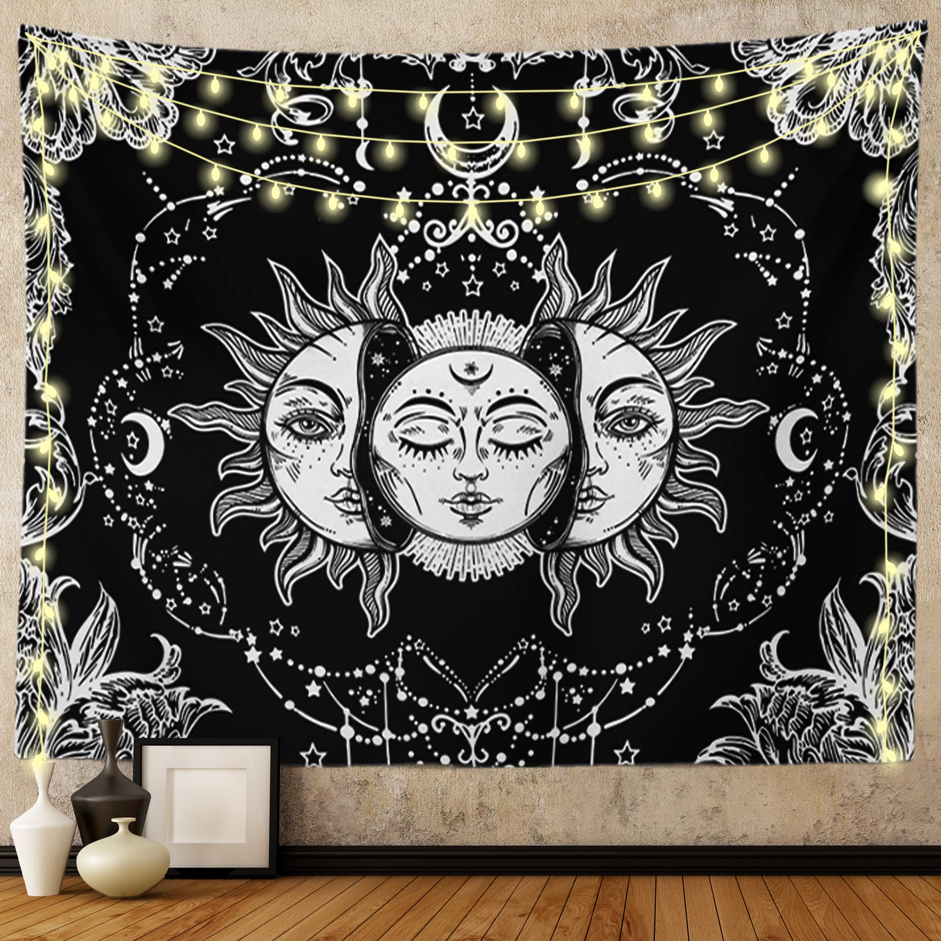 Ftuency Sun and Moon Tapestry Black and White Tapestries Mystic Burning Sun with Star Wall Hanging decor for Bedroom(94.5" W x 70.9" L)