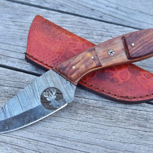 Damascus Hunting Knife - Handmade Knife, Hand Forged Fixed Blade Knife, Camping Knife & Hunting Knives - Gift Knives & Bowi Knives with Rose Wood Handle - Leather Knife Sheath